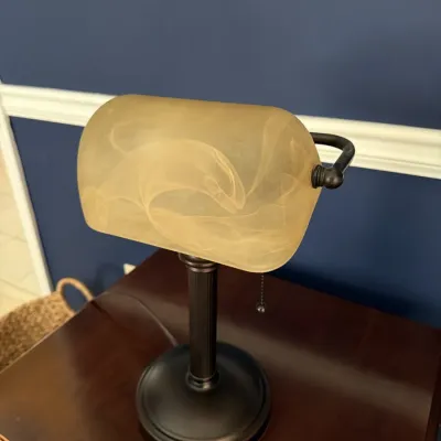 Sale Photo Thumbnail #13: Banker's desk lamp with amber swirl glass shade