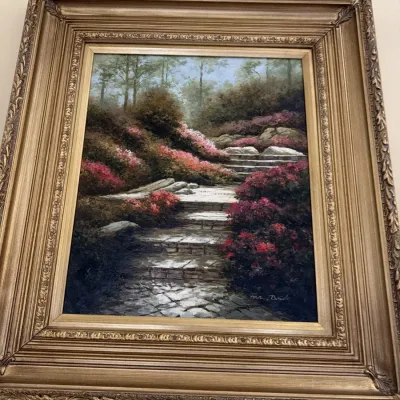 Sale Photo Thumbnail #20: Signed garden steps oil painting in a carved gold frame