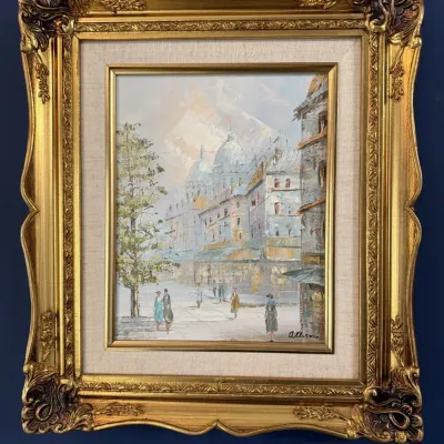 Sale Photo Thumbnail #5: Signed Allison Paris street scene oil painting in a carved gold frame with linen liner