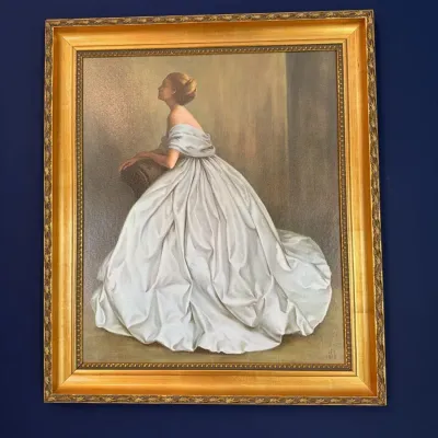 Sale Photo Thumbnail #3: Elegant 1969 portrait of a lady in a white ball gown, signed JPL, in a gilded frame