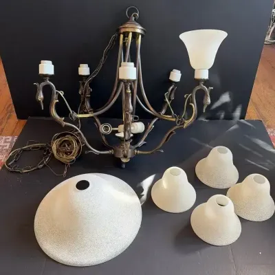 Vintage 5-Arm Duck Head Chandelier W/ Frosted Shades &  Center Light