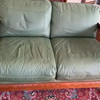 Bassett Mission-Style Oak Green Leather Cushion Loveseat