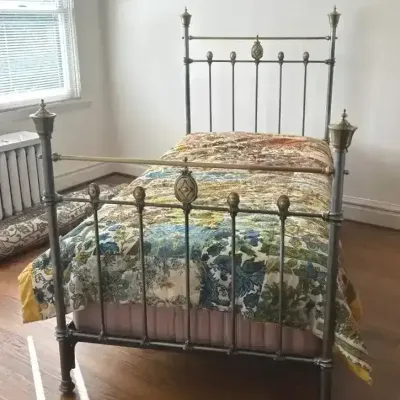 Victorian-Style Gray Metal & Brass Bed Frame