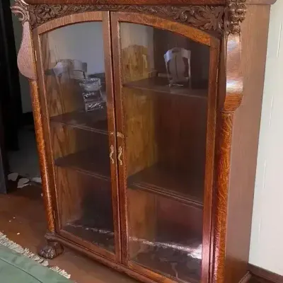 Antique Quarter-Sawn Tiger Oak Double Glass Door Bookcase