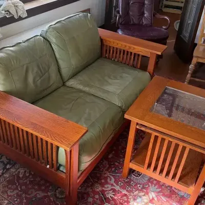 Bassett Mission-Style Oak Green Leather Cushion Loveseat & Glasstop Side Table