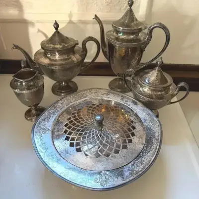4-Piece Derby ENS WM Mounts Hand Beaten Tea Set & Princess Silverplate Serving Dish