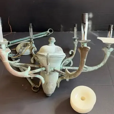 Antique 6-Arm Brass/bronze/copper Vertegris Chandelier W/ Onyx Saucers