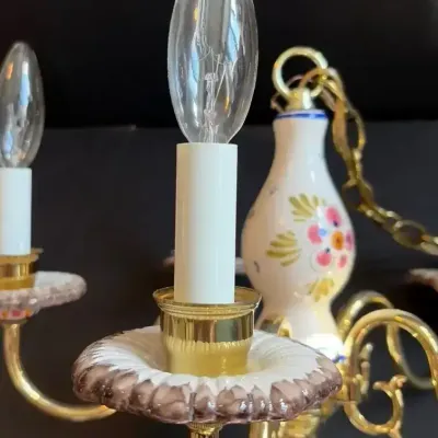 Vintage Brass & Hand-Painted Ceramic 5-arm Chandelier