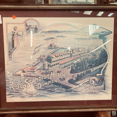 Sale Photo Thumbnail #18: Framed vintage promotional print for Rose Standish House in Downer's Landing, Hingham, Mass, set under glass in a dark wooden frame with maroon matting.