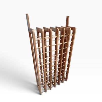 Tall wooden wine rack featuring a multi-tiered grid structure for bottle storage.