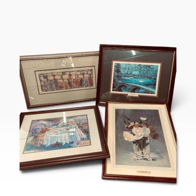 Collection of four framed prints, featuring a floral still life, a golf course landscape, a garden tea party scene, and an illustrative...