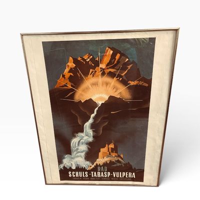 Sale Photo Thumbnail #41: Framed vintage Swiss travel poster advertising Bad Schuls-Tarasp-Vulpera in a thin metallic frame.