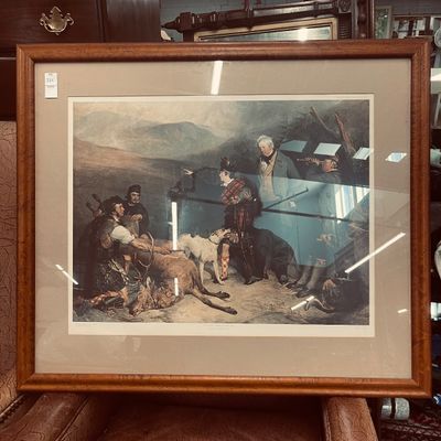 Sale Photo Thumbnail #2: Framed vintage art print depicting a Scottish stag hunting scene, titled 'Death of the Stag in Glen Tilt,' set in a wide wood frame with a neutral mat.