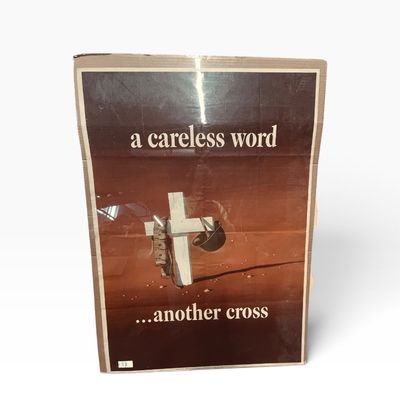Sale Photo Thumbnail #33: Vintage World War II propaganda poster reading 'a careless word ...another cross,' depicting a soldier's grave, showing fold lines and minor wear.