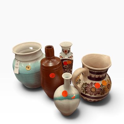 Assortment of five vintage ceramic and stoneware vessels, including studio pottery vases, a brown jug, an Imari-style square vase, and a...