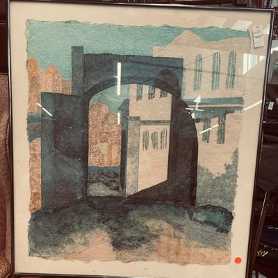 Sale Photo Thumbnail #11: Framed mid-century style paper collage or print featuring abstract architectural structures, signed 'Ruth K. Dunn' in the lower right.