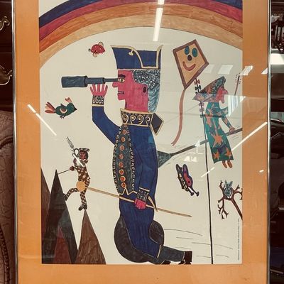 Sale Photo Thumbnail #5: Framed vintage whimsical art print depicting a captain with a telescope surrounded by whimsical characters, dragons, and a rainbow under glass in a silver metal frame.