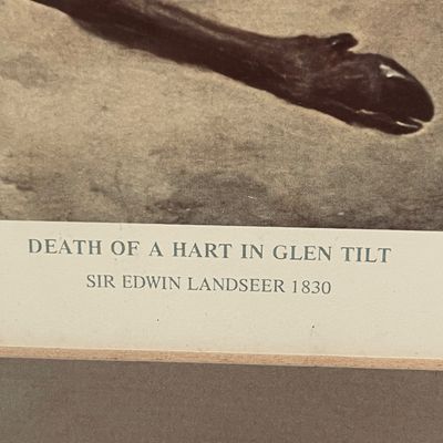 Sale Photo Thumbnail #3: Framed art print titled 'Death of a Hart in Glen Tilt' after Sir Edwin Landseer, originally painted in 1830.