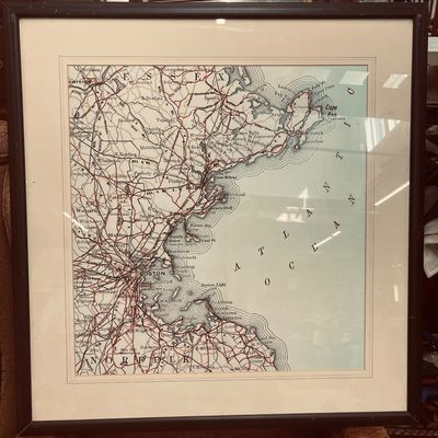 Sale Photo Thumbnail #17: Framed vintage-style map print depicting Boston, Essex, Norfolk, and Cape Ann in Massachusetts. Housed under glass in a dark wooden frame with double matting.