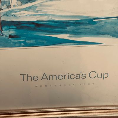 Sale Photo Thumbnail #21: Framed commemorative art print for The America's Cup Australia 1987 featuring a blue nautical watercolor design.