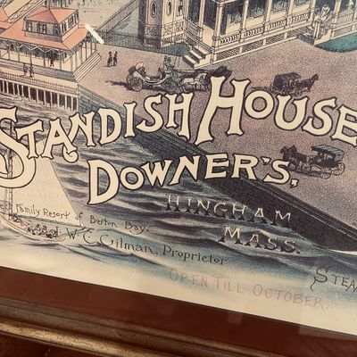 Sale Photo Thumbnail #19: Framed vintage advertisement print for Standish House in Downer's Landing, Hingham, Massachusetts, featuring detailed Victorian-era architectural and nautical illustrations.