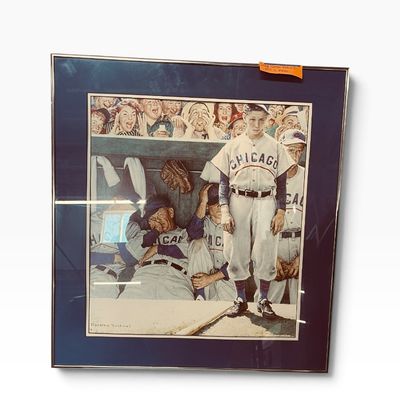Framed Norman Rockwell baseball print titled 'The Rookie', housed in a thin metal frame with a dark blue mat.