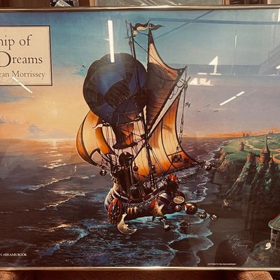 Sale Photo Thumbnail #23: Framed vintage art poster titled "Ship of Dreams" by Dean Morrissey, published for An Abrams Book in a simple metal frame.