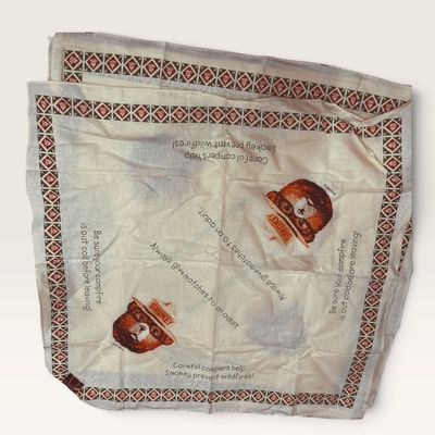 Vintage Smokey Bear educational bandana, featuring fire safety slogans and illustrations around a geometric pine tree border.