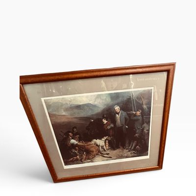 Sale Photo Thumbnail #37: Framed vintage art print depicting a Scottish Highland hunting scene, presented in a simple wood frame.
