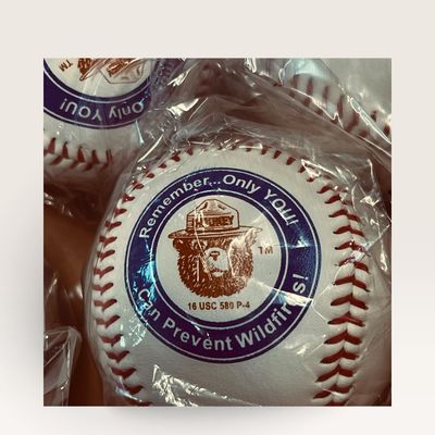 Vintage Smokey Bear promotional baseball sealed in plastic packaging, featuring the iconic "Remember... Only YOU Can Prevent...