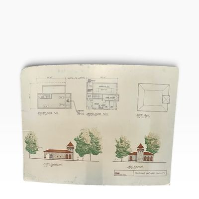 Sale Photo Thumbnail #34: Architectural proposal presentation board featuring hand-drawn floor plans and watercolor building elevations for a proposed septage facility by CDM.