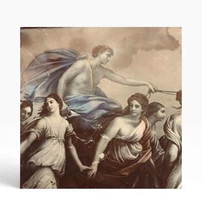 Sale Photo Thumbnail #28: Framed classical-style art print depicting Apollo in a chariot surrounded by figures, showing light wear and surface marks.