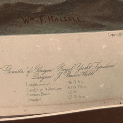 Sale Photo Thumbnail #15: Close-up detail of an antique maritime print signed by William Formby Halsall, featuring inscription details for the yacht Genesta.