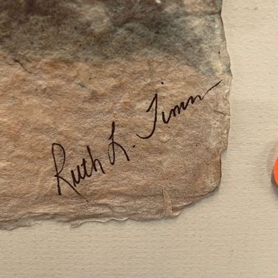 Sale Photo Thumbnail #12: Artist's signature reading "Ruth L. Timm" in ink on the deckled edge of a textured handmade paper artwork.