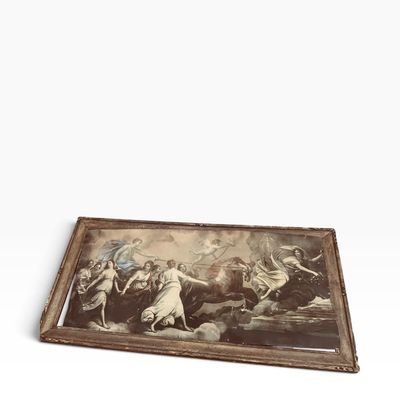 Sale Photo Thumbnail #27: Antique framed monochrome art print depicting a classical mythological scene with figures and horses, presented in a weathered wooden frame.
