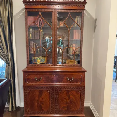 John Widdicomb Mahogany Secretary Bookcase with Glass Doors, Carved Trim, 7 1/2 Ft Tall