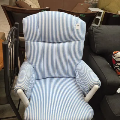 Sale Photo Thumbnail #4: Glider rocker featuring light blue and white striped fabric upholstery on a white painted frame.