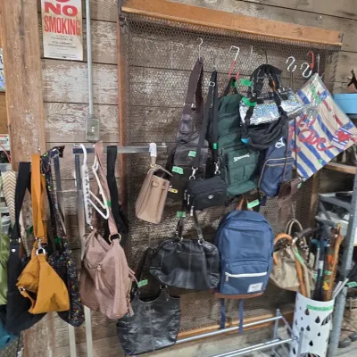 Sale Photo Thumbnail #139: Collection of assorted modern handbags, shoulder bags, and backpacks hanging on display hooks and racks.