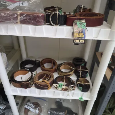 Sale Photo Thumbnail #58: Assorted men's leather and nylon belts arranged on white plastic shelving units, priced for sale.