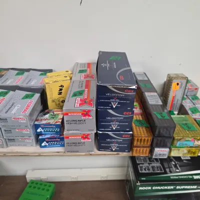 Sale Photo Thumbnail #95: Assorted boxes of ammunition, including 9mm Luger and .22 Long Rifle from brands like Federal, Winchester Super-X, Hornady, and CCI, neatly stacked on a shelf.