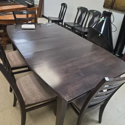 Sale Photo Thumbnail #27: Dark espresso wood extension dining table set, featuring ladder-back chairs with cushioned tweed seats in contemporary style.