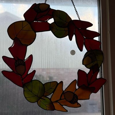 Sale Photo Thumbnail #650: Stained Glass Autumn Leaf and Acorn Wreath Suncatcher