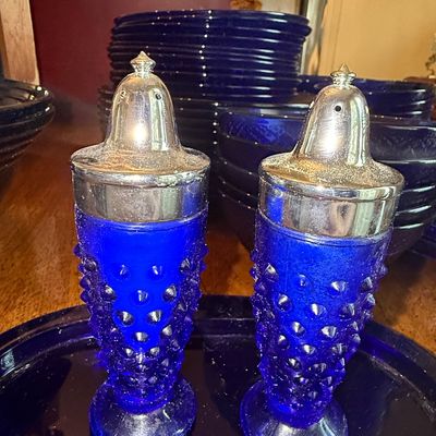 Sale Photo Thumbnail #1172: Fenton Cobalt Blue Hobnail Salt and Pepper Shakers