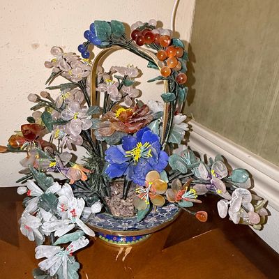 Sale Photo Thumbnail #220: Vintage Chinese Hardstone Flower Arrangement in Cloisonné Basket