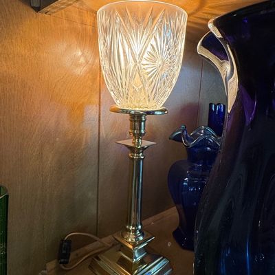 Sale Photo Thumbnail #533: Vintage Excelsior Brass and Crystal Torchiere Table Lamp