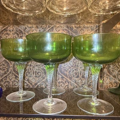 Sale Photo Thumbnail #422: Set of 5 Vintage Green Glass Twisted Stem Coupe Glasses