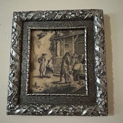 Sale Photo Thumbnail #755: Vintage Genre Scene Engraving in Ornate Silver-Tone Frame