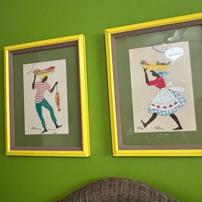 Sale Photo Thumbnail #988: Vintage Mid-Century Caribbean Market Scene Embroidered Wall Art 