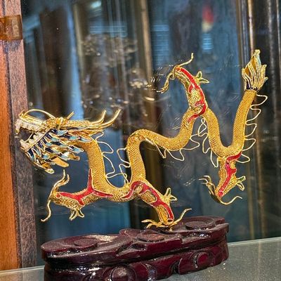 Sale Photo Thumbnail #669: Vintage Chinese Gilded Filigree Dragon Figurine on Wooden Stand