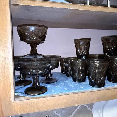 Sale Photo Thumbnail #143: Vintage Anchor Hocking Fairfield Smoke Brown Glassware Set
